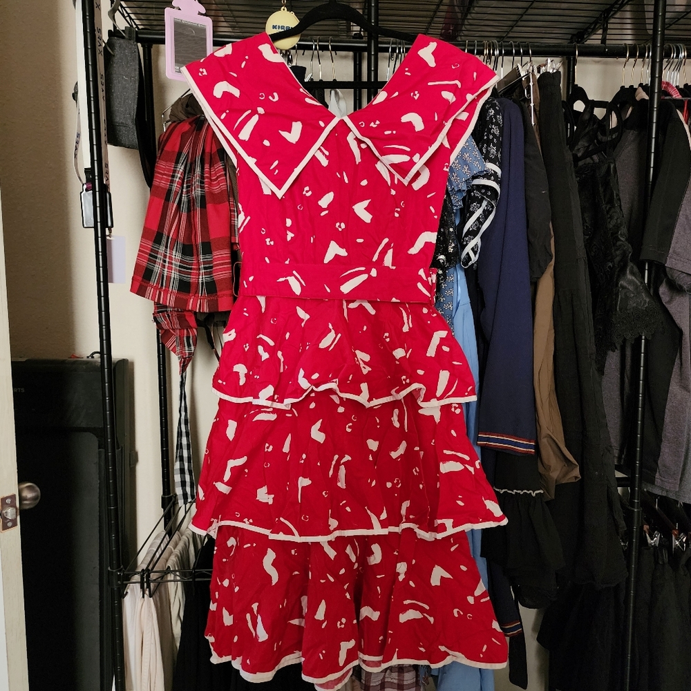 Rare Vintage Red and White Oversized Collar Ruffled Dress, XS